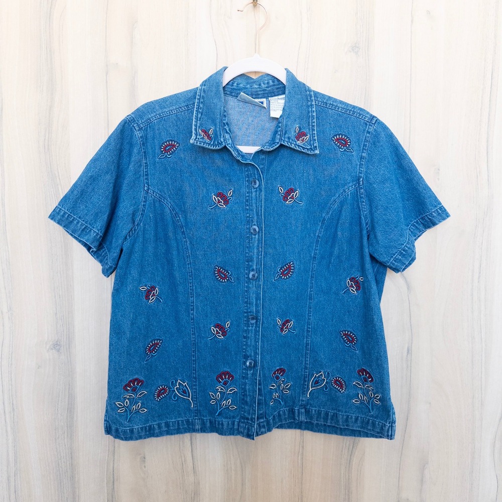 VTG Erika & Co Womens Denim Short Sleeve‎ Shirt Size L Embroidered Floral 90s
